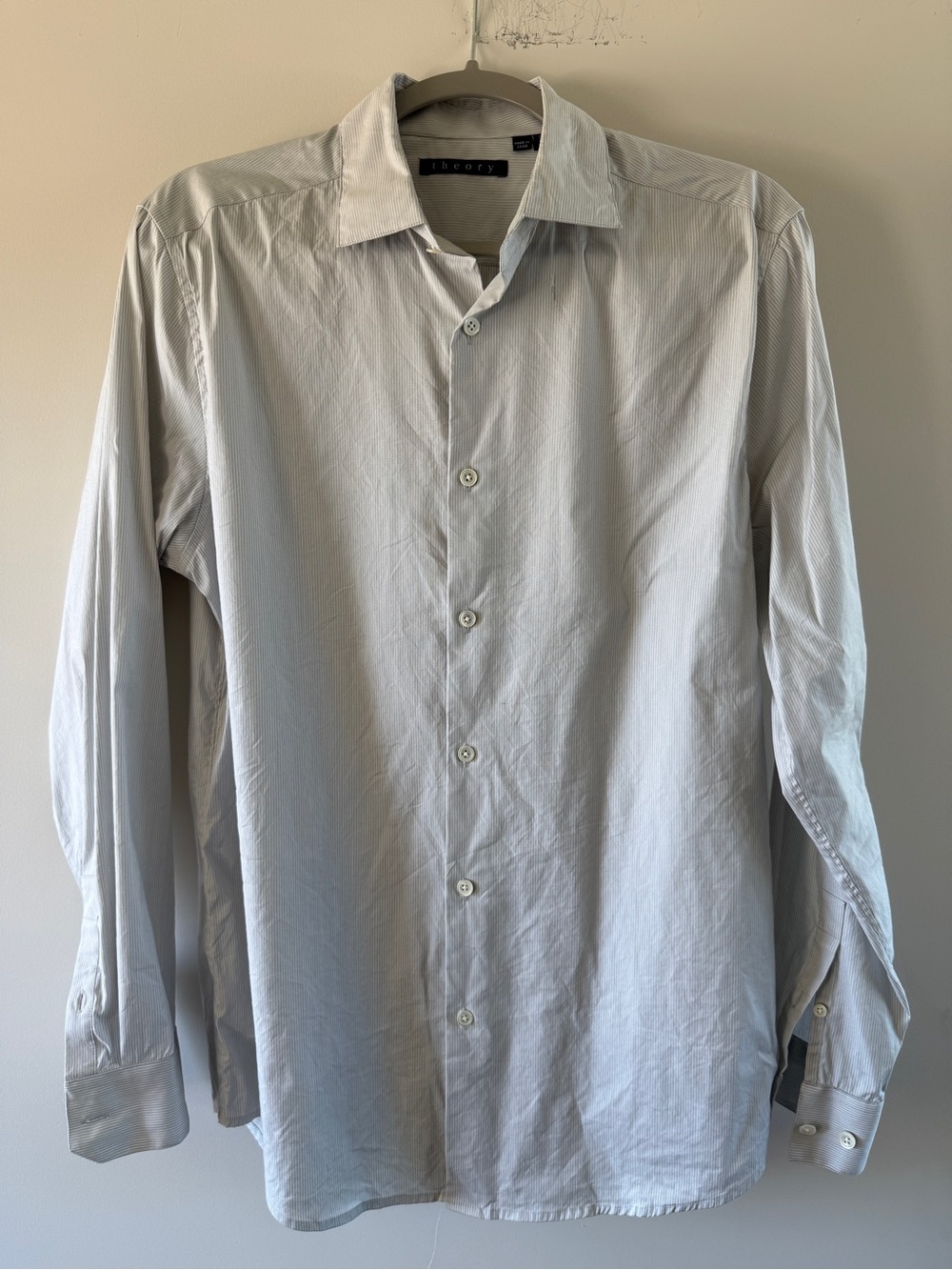 Theory Men's Light Gray Pinstripe Long-Sleeve Button-Up Dress Shirt
